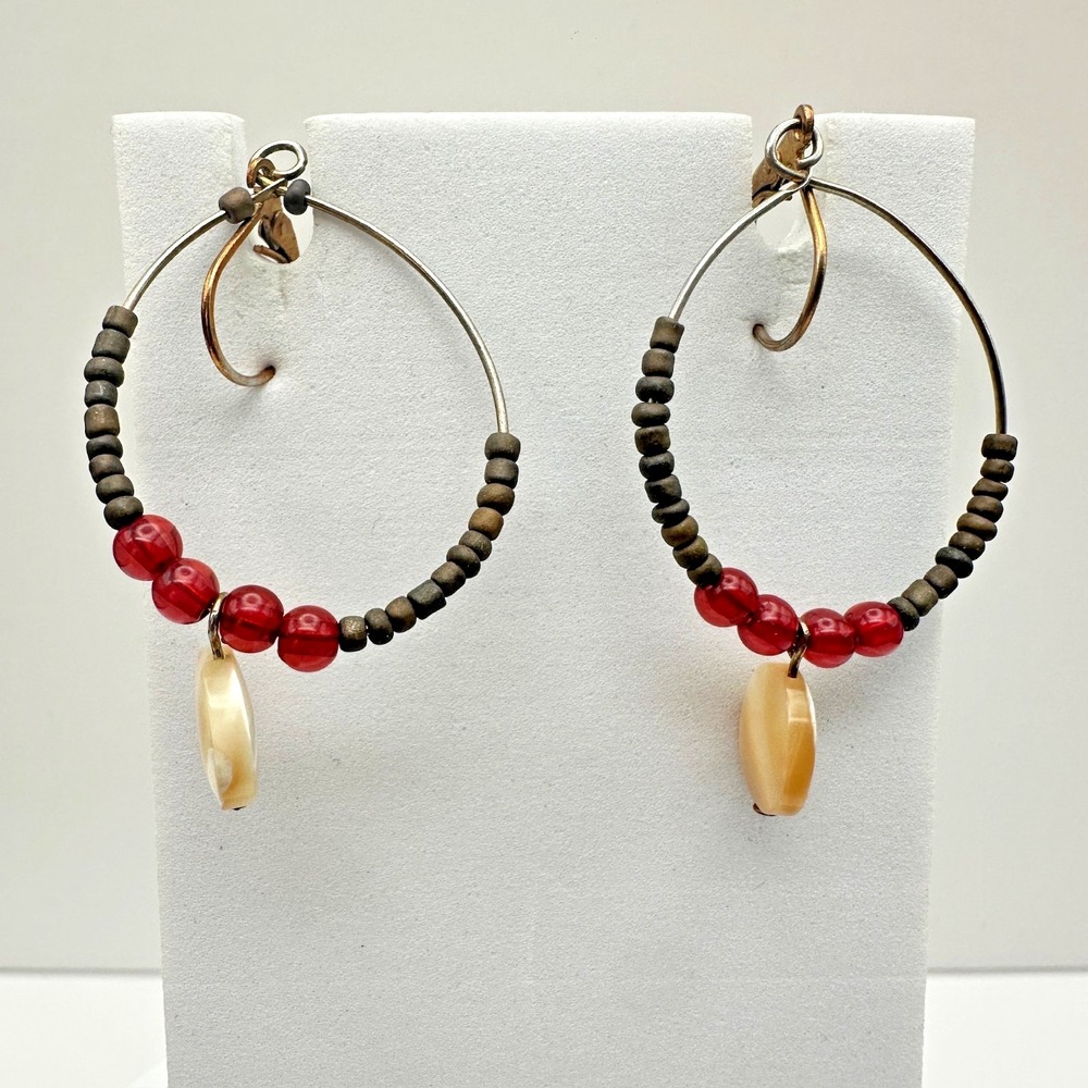 VTG Handmade Boho Black Wood Bead MOP Shell Dangle Earrings Gold Tone